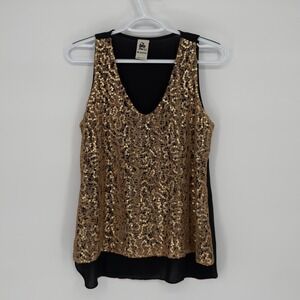 S-twelve Sequin Sleeveless Top Women M‎ Gold Black V-Neck Glam Party Disco